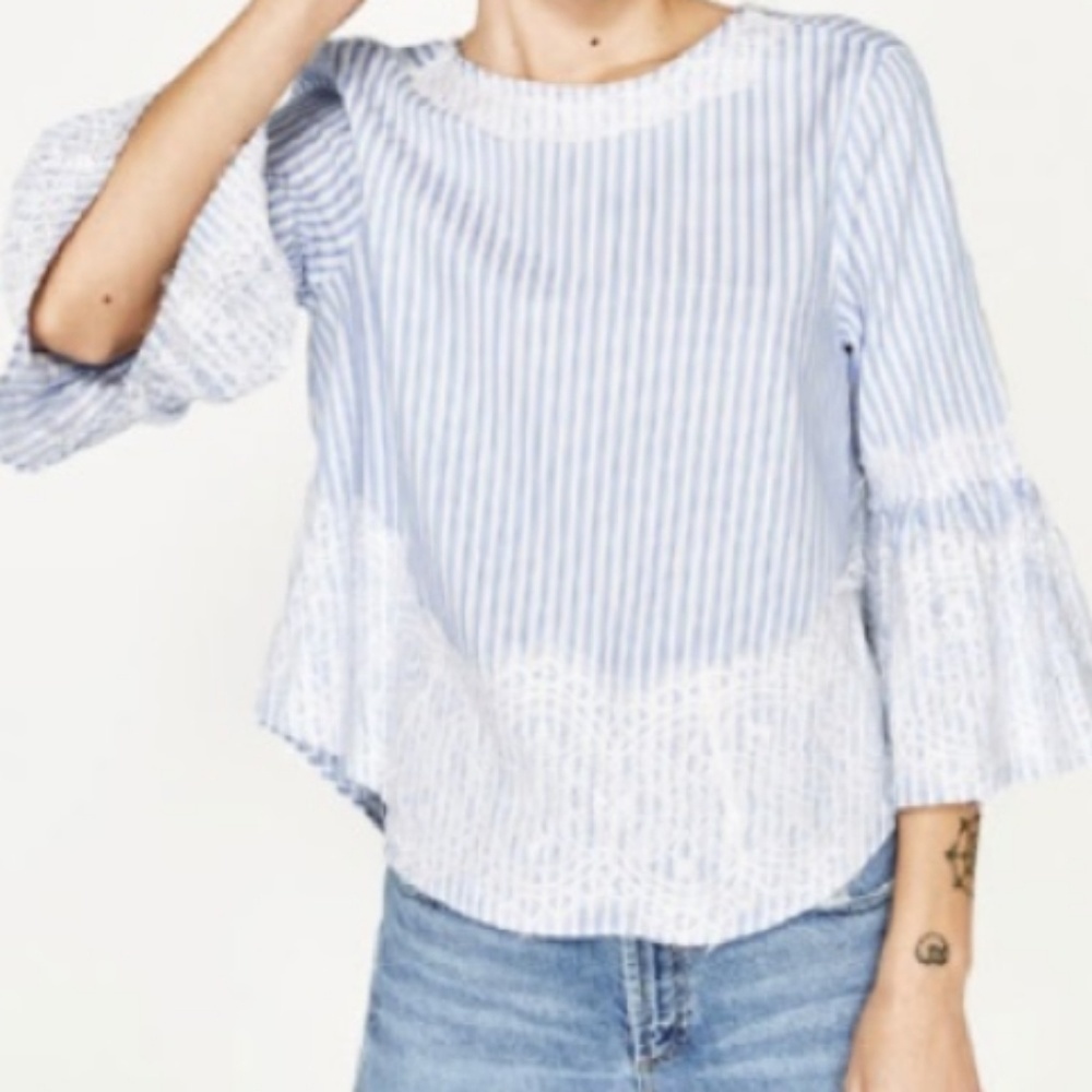 Zara Woman Striped Lace Trim Bell Sleeve Top